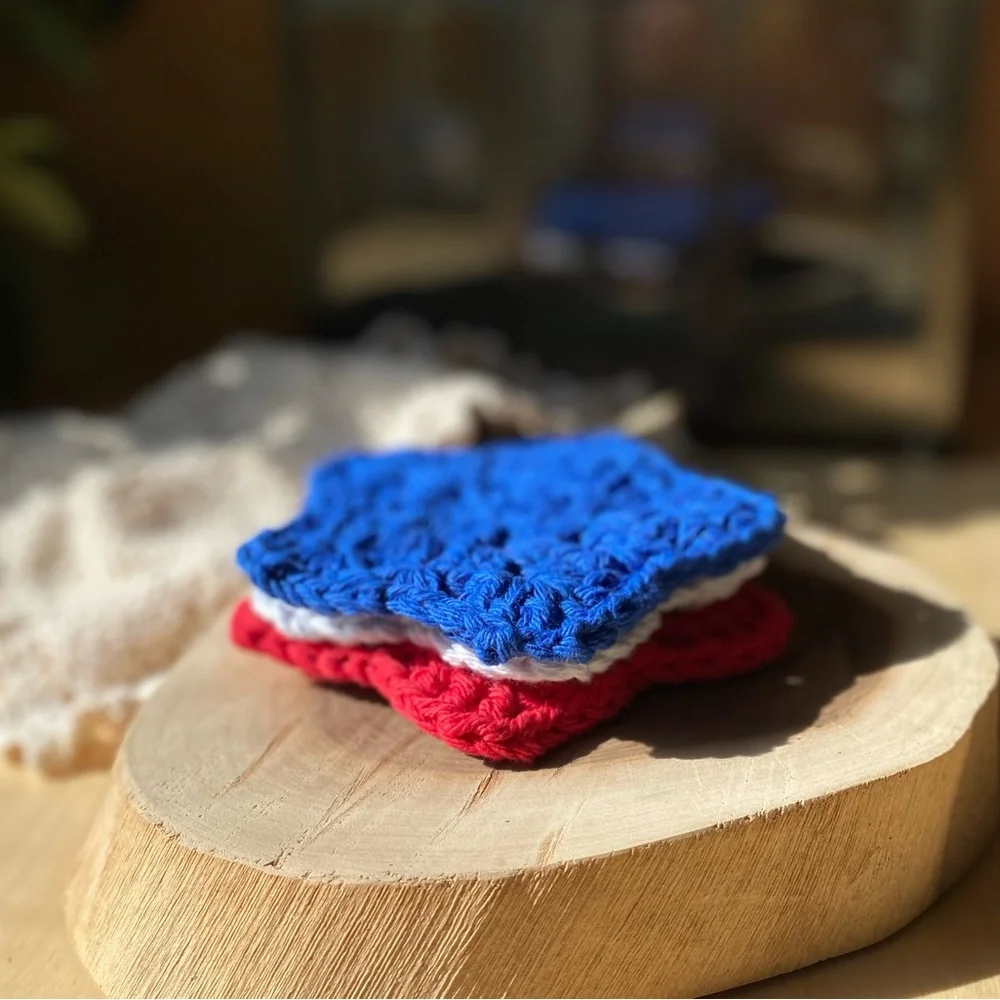 Handmade red, white and blue stars cotton Crochet Coasters Set